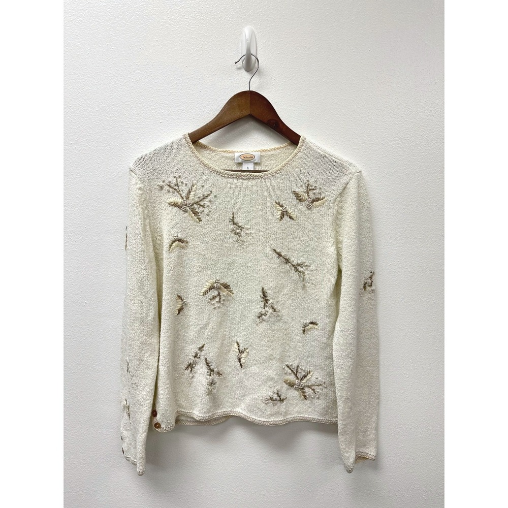 Vintage Talbots Grandma Cottage Coquette Embroidered Sweater Ivory L